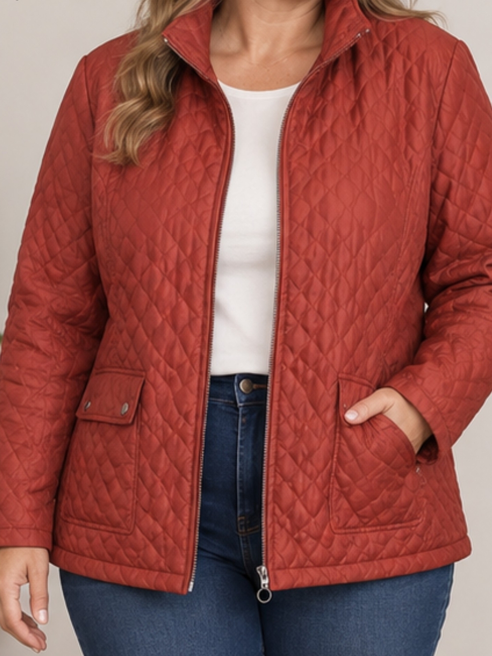 Quilted Zip-Front Jacket in Rust Red Women's XL